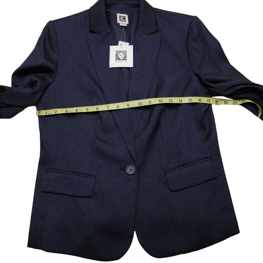 Anne Klein Size 10 Navy Blue Herringbone Twill One Button Blazer Notch Collar - Picture 6 of 12
